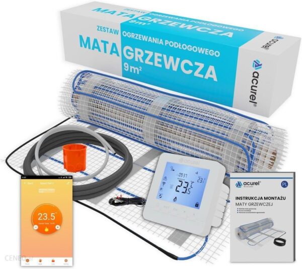 Termostat regulator WiFi 16A + czujnik podłogowy + mata grzewcza 9m2 oraz akcesoria do montażu